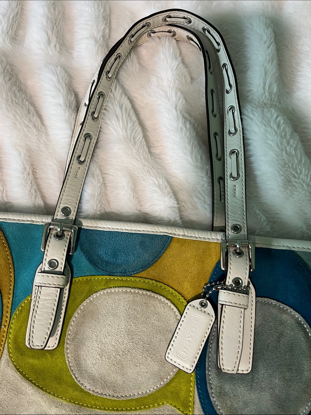 Coach Vintage/Y2K Multicolor Suede Patchwork Tote Bag White Leather Trim - Picture 2 of 16